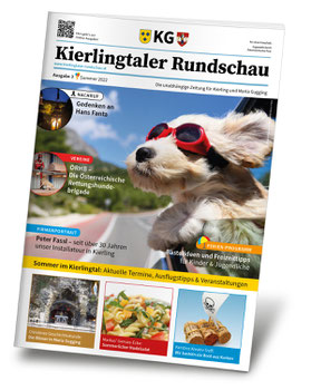 Abbildung der Kierlingtaler Rundschau, Ausgabe 3. Auf dem Titelbild sieht man einen Hund mit Sonnenbrille, der während der Fahrt aus einem Autofenster schaut.