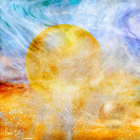Goldener Planet schwebt auf gelben Blasen mit blauem Hintergrund