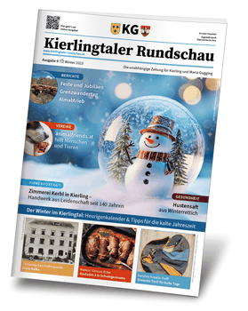 Abbildung der Kierlingtaler Rundschau, Ausgabe 9. Auf dem Titelbild sieht man eine Schneekugel mit einem Schneemann und Tannen.