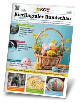 Abbildung der Kierlingtaler Rundschau, Ausgabe 10. Auf dem Titelbild sieht man einen Korb mit Blumen und Ostereiern.
