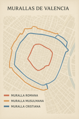 mapa con el trazado antiguo de las murallas (romana, musulmana y cristiana.