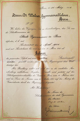 Wahlbestätigung des Städtischen Gymnasiums Bern 1904. StABE, N Walser 3 4.6
