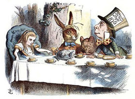 Alice auf der Teeparty mit Märzhasen und verrückten Hutmacher, Zeichnung von John Tenniel, 1865