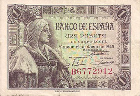 BILLETE ESPAÑA - PICK - P128a - 1 PESETA (ISABÉL LA CATÓLICA) 1.945 - SERIE B (MBC/VF) DOBLADO POR LA MITAD - 10€.