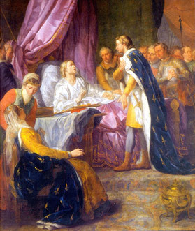Saint Louis, roi de France, sur son lit de mort, donnant ses derniers conseils à son fils Philippe, par Jacques-Antoine Beaufort (chapelle Saint-Louis de l'École Militaire, à Paris). TEMPLE DE PARIS