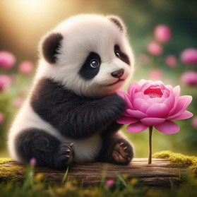 KI Bild. Ein niedlicher Baby-Pandabär sitz auf Baumstumpf aus dem eine rosa Blume wächst. Er streckt eine Vordertatze nach ihr aus. Der Hintergrund ist verschwommen, aber eins erkennt weitere rosa Blumen und dass die Sonne scheint.