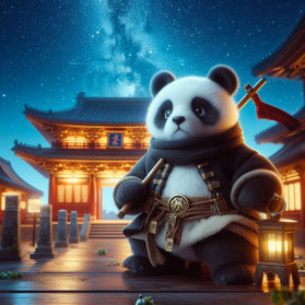 KI Bild. Groß im Bild, mittig-rechts, steht ein ernst blickender Großer Panda, der einen Mantel und Gürtel trägt und mit einer Art Säbel bewaffnet ist. Im Hintergrund steht ein Tempel, wie sie in China zu finden sind. Es ist Nacht. 