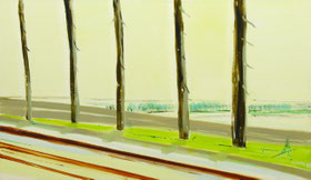 Rij bomen aan dijk 83x143cm olie op canvas 1998 (Privé collectie Los Angeles USA)