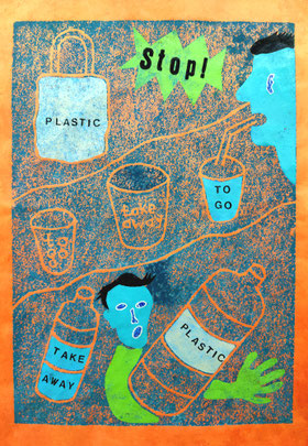 Stop! 4: Hoch- und Materialdruck auf farbigem Büttenpapier, 76 x 50 cm, 2021+2022
