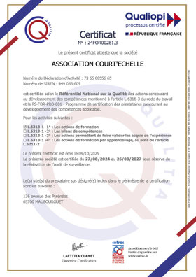 certification Qualiopi Qualitia 24FOR00281.3 Association Court'Echelle