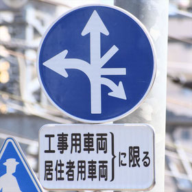 異形矢印標識(指定方向外進行禁止)。東京都清瀬市ある。