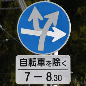 異形矢印標識(指定方向外進行禁止)。山口県山陽小野田市にある。
