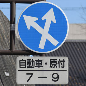 異形矢印標識(指定方向外進行禁止)。長野県伊那市にある。