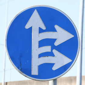 異形矢印標識(指定方向外進行禁止)。茨城県水戸市にある。