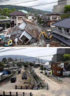 201804地震直後の益城町(写真上)と、復旧工事が進み更地が目立つ現在.jpg
