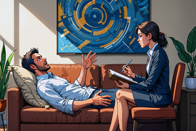 Cartoon eines Mannes auf der Couch. Eine Therapeutin sitzt vor ihm auf einem Stuhl und macht sich Notizen. Typisches Symbolbild einer Psychotherapie.