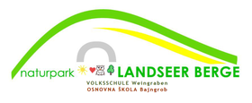 Das Schullogo. Zu sehen ist ein mit Grün angedeuteter Berg, die Schrift "Naturpark Landseer Berge" und der Schulname. Außerdem sind 4 gezeichnete Symbole zu sehen: Eine Sonne, ein Herz, eine Eule und ein Baum.