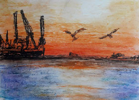 Hamburger Hafen im Sonnenuntergang gemalt