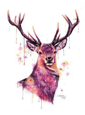 modernes Tierportrait - Hirsch in Aquarell - limitierter Kunstdruck 