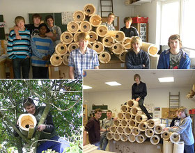 Schüler bauen Steinkauzröhren