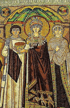 Theodora 1. und ihre Adoptivtochter Sophia in San Vitale, Ravenna. Bild Wikimedia