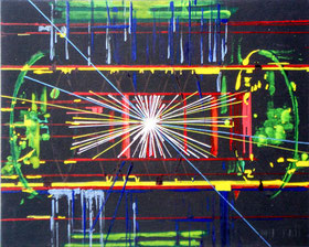 Ellen Roß: Teilchenbeschleuniger, 2012, Acryl auf Pappe, 15 x 20 cm, Galerie SEHR, Lange Nacht der Museen Koblenz