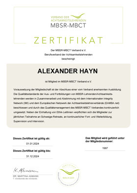 MBSR-MCCT Verband Zertifikat 2022 Alexander Hayn