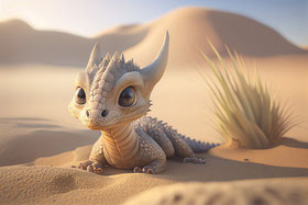 KI-Bild. Beigefarbenes Drachen-Baby in einer Wüstenlandschaft. 