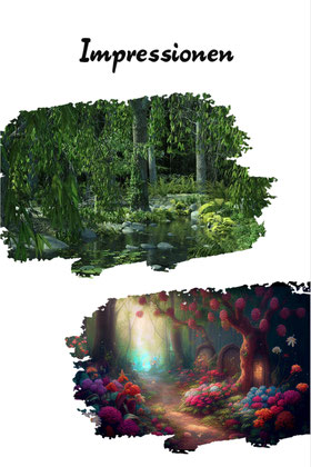 Collage aus 2 Bildern auf weißem Grund. Darüber steht Impressionen. Auf dem ersten Bilde sieht eins Bäume, an einem Weiher, rechts darunter einen Waldweg mit bunten Blumen und Bäumen.