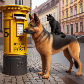 KI-generiertes fotorealistisches Bild. Ein schwarzer Kater sitzt auf einem Schäferhund. Beide stehen vor einem runden gelben Briefkasten an einer Straßenecke.