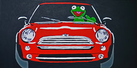 Frog, Driver, Divo Santino, Pop Art, Mini, Auto, roter, Flitzer, Frosch, Stinkefinger, Kermit, grüner Frosch, Comic