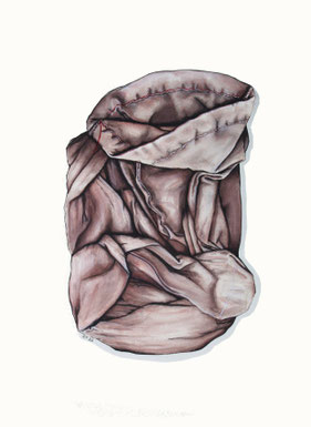 Aquarelle représentant une paire de collants au fil rouge comme abandonnée au sol, froissée. Cette peinture explore le corps, la peau, la matière, les ombres et les lumières à travers les effets de tissu, les drappés dans une nature morte contemporaine.