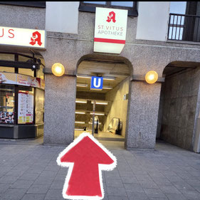 Weg Beschreibung zur Blumenhütte München: U Bahn Station Harras (U6) in Sndling. Abgang direkt bei der St. Vitus Apotheke