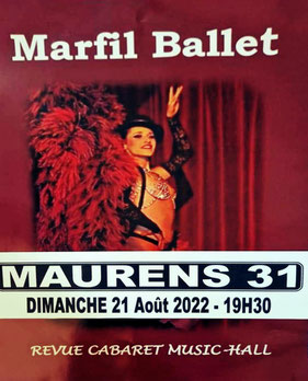 Affiche de "Marfil Ballet", avec image d'une danseuse en costume de bikini strass, chapeau et plumes au dos dans de tons bordeaux et noir.