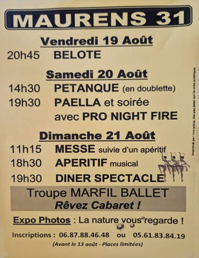 Affiche du programme de fêtes à Maurens du Vendredi 19 Août au Dimanche 21 Août.