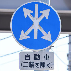 異形矢印標識(指定方向外進行禁止)。栃木県佐野市にある。