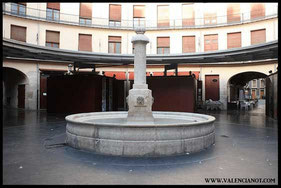 Fuente tipo "fuente farola" o de taza, con un pilar central. Fue instalada hacia 1850, tras la construcción de la plaza (1837-1840) por Salvador Escrig.