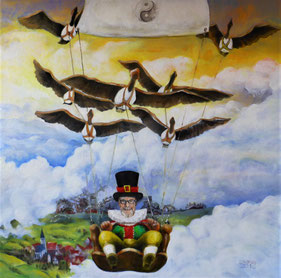 Mann fliegt von Vögeln gezogen über den Wolken