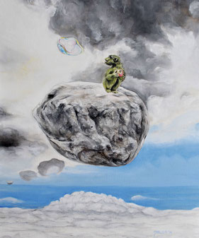 Peter Albach, Malerei, Fantasy, surreal, Seltsame Schwerkraft, Affe, Schwebender Stein, Wolkenhimmel, Seifenblase, Painting, fantasy, surreal, art, emotion, strange gravity, monkey, floating stone, cloudy sky, soap bubble,Pintura, fantasía, surrealista,