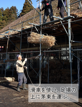 茅葺屋根の葺き替え　差し茅作業　茅束を屋根の上へ運ぶ