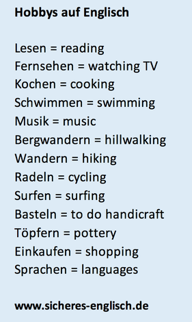 Hobbys auf Englisch Liste