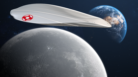 Starship Xplorers Nova Nexus spaceship hovering in space above our Moon - representing the ability to preserve a spaceflight ticket directly on this page.