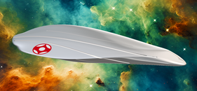 The spaceship Nova Nexus from Starship Xplorers in front of a colourful space nebula.