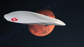 Starship Xplorers Nova Nexus spaceship hovering in space above the planet Mars - representing the ability to preserve a spaceflight ticket directly on this page.