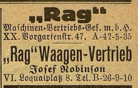 Firmenadresse des "Rag" Waagen-Vertrieb Josef Robinson in Wien