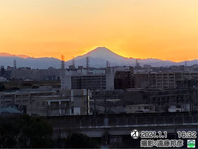 写真　戸田公園付近から見た夕焼けの富士山．