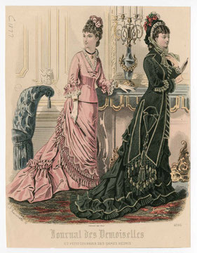 Late Victorian fashion plate print, two ladies wearing gowns with trains in interior