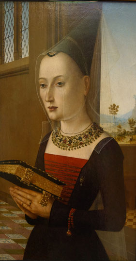 Maestro dei Ritratti Baroncelli, ca. 1489, Pierantonio Bandini and his wife Maria Bonciani, Galleria degli Uffizi, Firenze. Photo: Epochs of Fashion - Medieval fashion dress hat