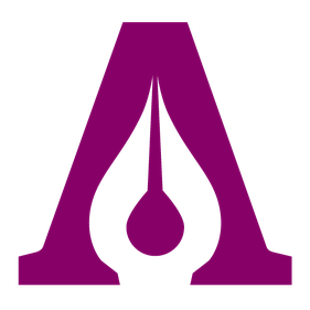 Das Logo der Autorenwelt: Ein violettes großes A, bei dem der innere Weißraum nicht aus einem Dreieck und einem Trapez über und unter dem Querstrich besteht. Stattdessen ist der Weißraum wie eine stilisierte Schreibfeder gestaltet.