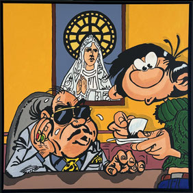 Pop-Art Kunstwerk von Divo Santino - Mafia-Boss mit Sonnenbrille und junger Mann mit einer Tasse Esspresso, Comic-Stil, Heilige Madonna im Hintergrund.